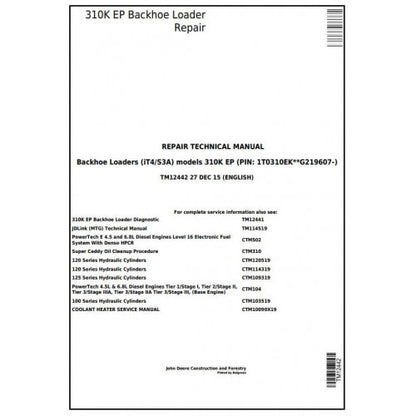 TM12442 John Deere 310K EP (iT4/S3A) Backhoe Loader Pdf Repair Service Technical Manual
