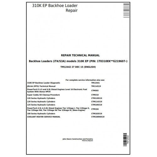 TM12442 John Deere 310K EP (iT4/S3A) Backhoe Loader Pdf Repair Service Technical Manual