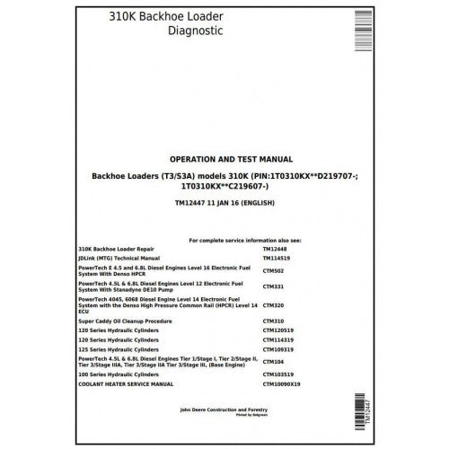 TM12447 John Deere 310K Backhoe Loader Pdf Diagnostic, Operation and Test Service Manual