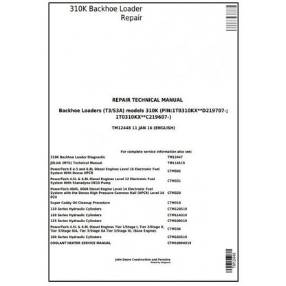 TM12448 John Deere 310K Backhoe Loader Pdf Repair Service Technical Manual