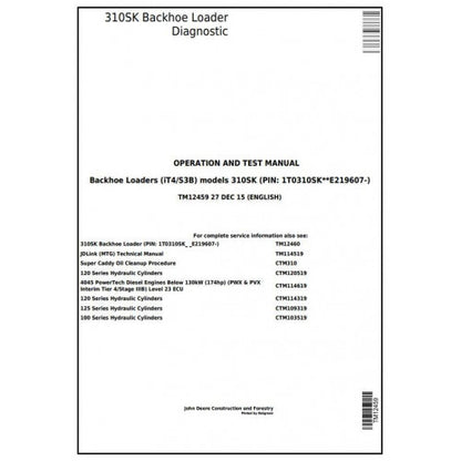 TM12459 John Deere 310SK (iT4/S3B) Backhoe Loader Pdf Diagnostic, Operation and Test Service Manual