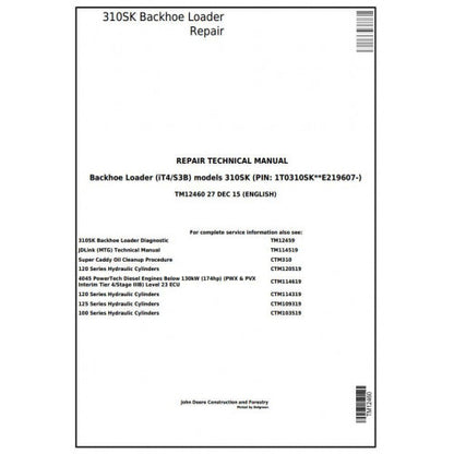 TM12460 John Deere 310SK (iT4/S3B) Backhoe Loader Pdf Repair Service Technical Manual