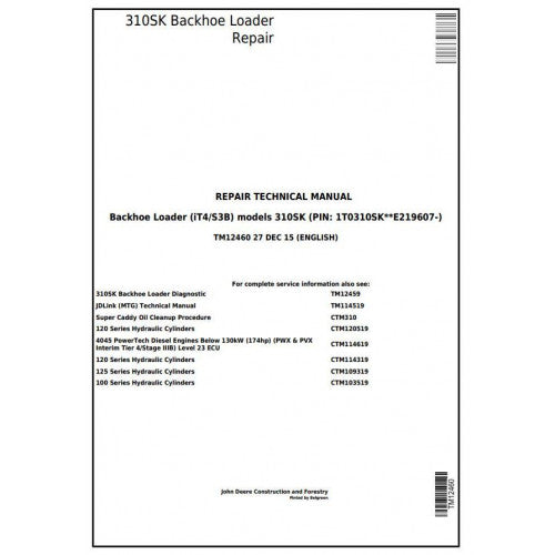 TM12460 John Deere 310SK (iT4/S3B) Backhoe Loader Pdf Repair Service Technical Manual