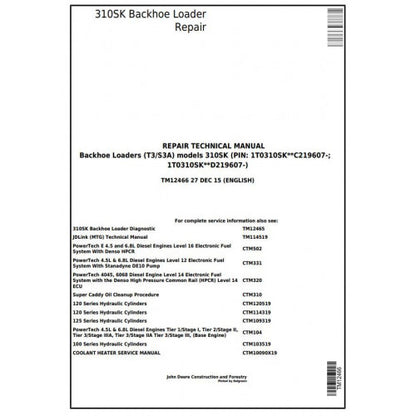 TM12466 John Deere 310SK (T3/S3A) Backhoe Loader Pdf Repair Service Technical Manual