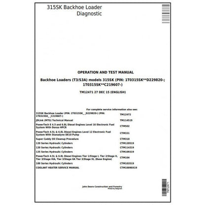 TM12471 John Deere 315SK (T3/S3A) Backhoe Loader Pdf Diagnostic, Operation and Test Service Manual