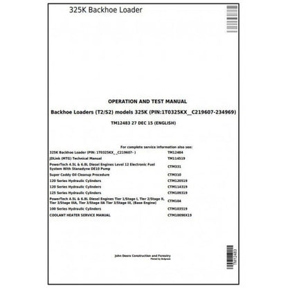 TM12483 John Deere 325K (T2/S2) Backhoe Loader (SN:C219607-C234969) Pdf Diagnostic, Operation and Test Service Manual