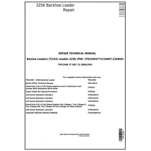 TM12484 John Deere 325K (T2/S2) Backhoe Loader Pdf Repair Service Technical Manual
