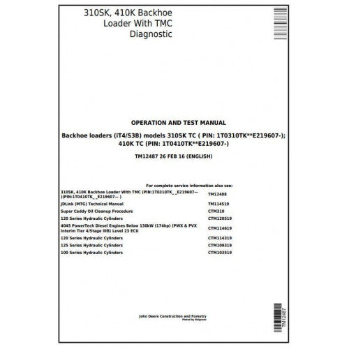 TM12487 John Deere 310SK, 410K Backhoe Loader Pdf Diagnostic, Operation and Test Service Manual