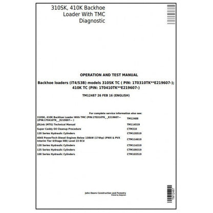TM12487 John Deere 310SK, 410K Backhoe Loader Pdf Diagnostic, Operation and Test Service Manual