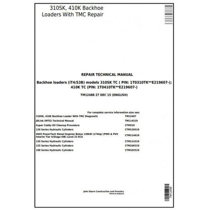 TM12488 John Deere 310SK TC, 410K TC Backhoe Loaders (iT4/S3B) Pdf Repair Service Technical Manual