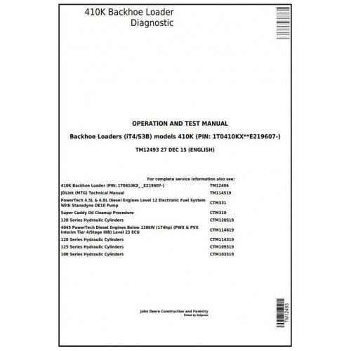 TM12493 John Deere 410K (iT4/S3B) Backhoe Loader Pdf Diagnostic, Operation and Test Service Manual