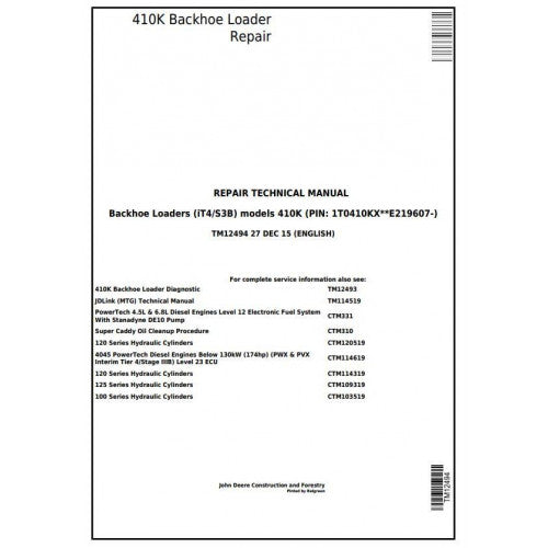 TM12494 John Deere 410K Backhoe Loader (iT4/S3B) Pdf Repair Service Technical Manual