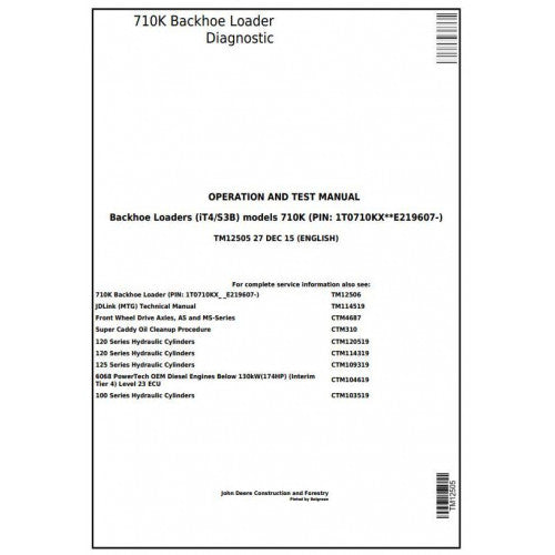 TM12505 John Deere 710K (iT4/S3B) Backhoe Loader Pdf Diagnostic, Operation and Test Service Manual