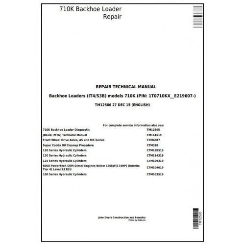 TM12506 John Deere 710K (iT4/S3B) Backhoe Loader Pdf Repair Service Technical Manual
