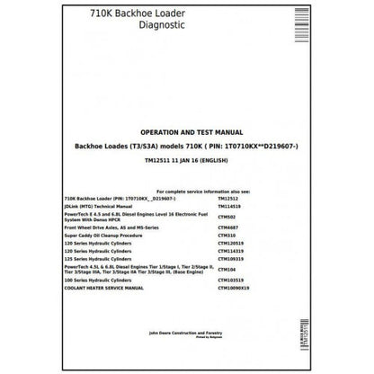 TM12511 John Deere 710K (T3/S3A) Backhoe Loader Pdf Diagnostic, Operation and Test Service Manual