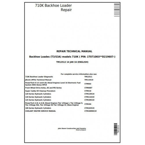 TM12512 John Deere 710K (T3/S3A) Backhoe Loader Pdf Repair Service Technical Manual