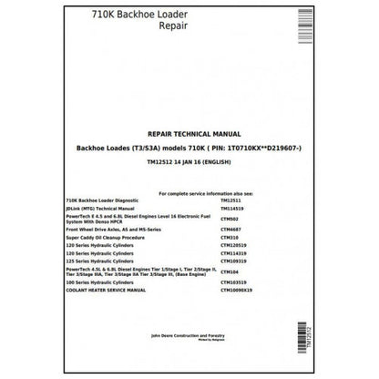 TM12512 John Deere 710K (T3/S3A) Backhoe Loader Pdf Repair Service Technical Manual