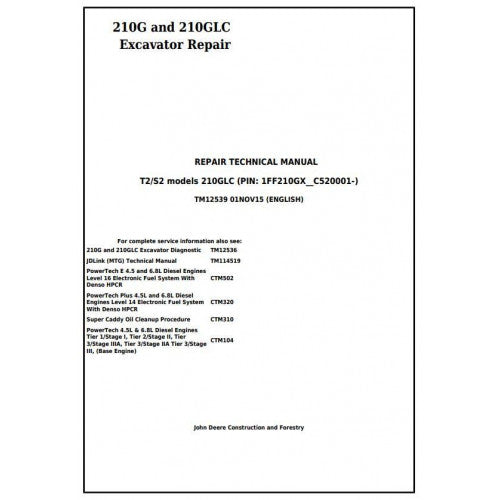 TM12539 John Deere 210G and 210GLC T2/S2 Excavator Pdf Repair Service Technical Manual
