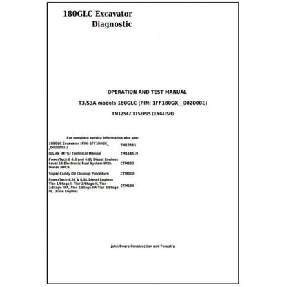 TM12542 John Deere 180GLC T3/S3A Excavator Pdf Diagnostic, Operation and Test Service Manual