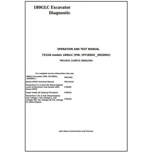 TM12542 John Deere 180GLC T3/S3A Excavator Pdf Diagnostic, Operation and Test Service Manual