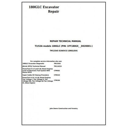TM12545 John Deere 180GLC T3/S3A Excavator Pdf Repair Service Technical Manual