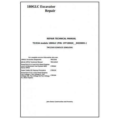 TM12545 John Deere 180GLC T3/S3A Excavator Pdf Repair Service Technical Manual