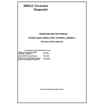 TM12560 John Deere 380GLC (iT4/S3B) Excavator Pdf Diagnostic, Operation and Test Service Manual