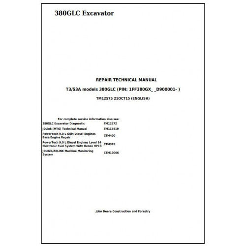 TM12575 John Deere 380GLC (T3/S3A) Excavator Pdf Repair Service Technical Manual