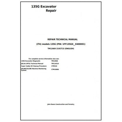 TM12669 John Deere 135G (iT4) Excavator Pdf Repair Service Technical Manual