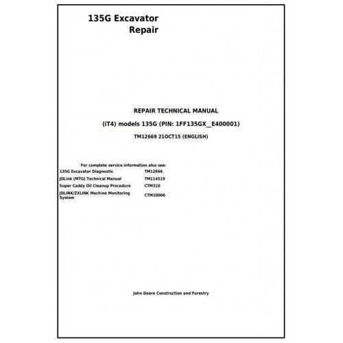 TM12669 John Deere 135G (iT4) Excavator Pdf Repair Service Technical Manual