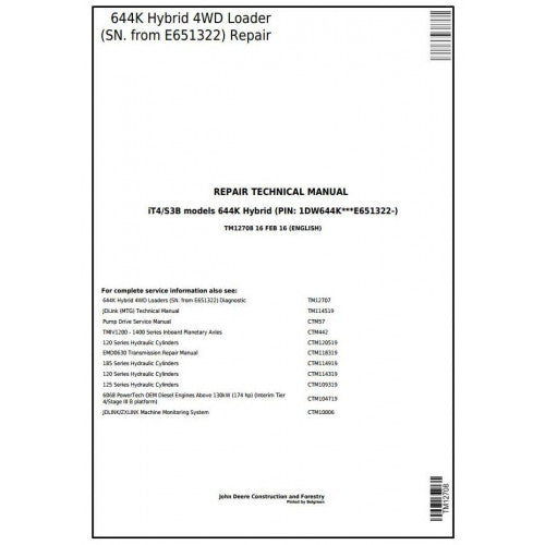 TM12708 John Deere 644K Hybrid 4WD Loader Pdf Repair Service Technical Manual