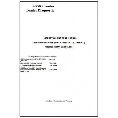 TM12720 John Deere 655K Crawler Loader Pdf Diagnostic, Operation and Test Service Manual