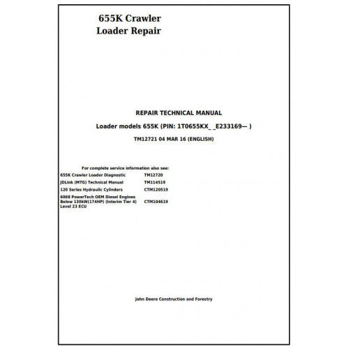 TM12721 John Deere 655K Crawler Loader Pdf Repair Service Technical Manual