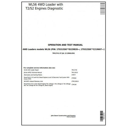 TM12741 John Deere WL56 4WD Loader Pdf Diagnostic, Operation and Test Service Manual