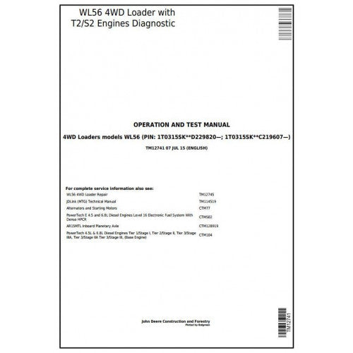 TM12741 John Deere WL56 4WD Loader Pdf Diagnostic, Operation and Test Service Manual