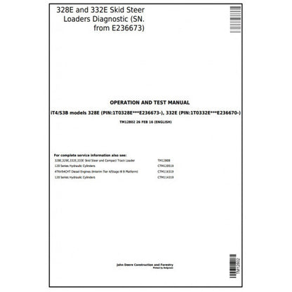 TM12802 John Deere 328E, 332E Skid Steer Loaders Pdf Diagnostic, Operation and Test Service Manual