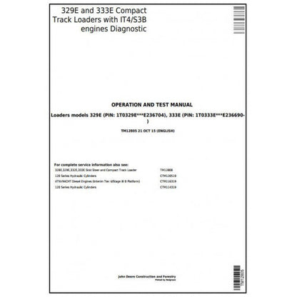 TM12805 John Deere 329E, 333E Compact Track Loaders Pdf Diagnostic, Operation and Test Service Manual