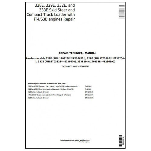 TM12808 John Deere 328E, 329E, 332E, 333E Skid Steer and Compact Track Loaders Pdf Repair Service Technical Manual