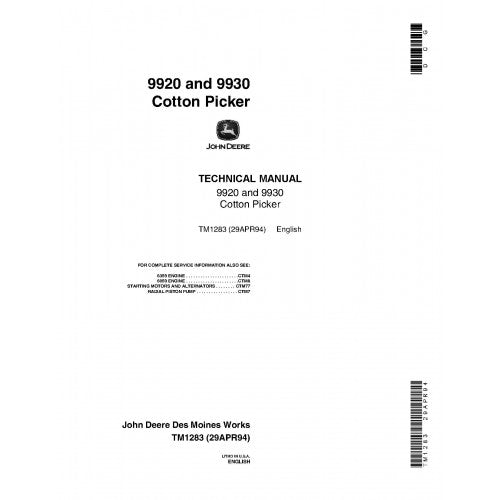 TM1283 John Deere 9920 and 9930 Cotton Pickers Pdf Technical Service Manual