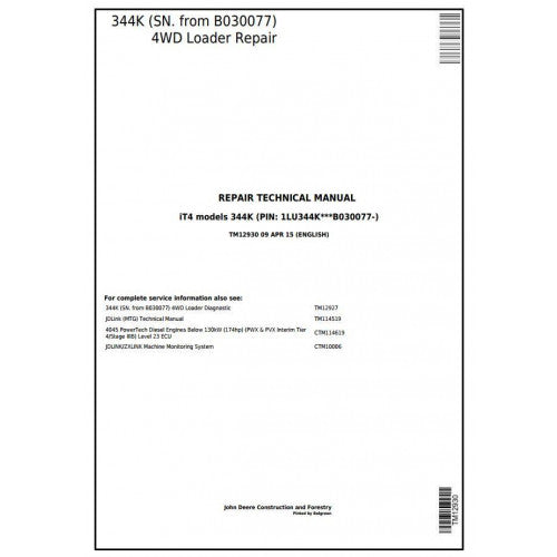 TM12930 John Deere 344K iT4 4WD Loader Pdf Repair Service Technical Manual