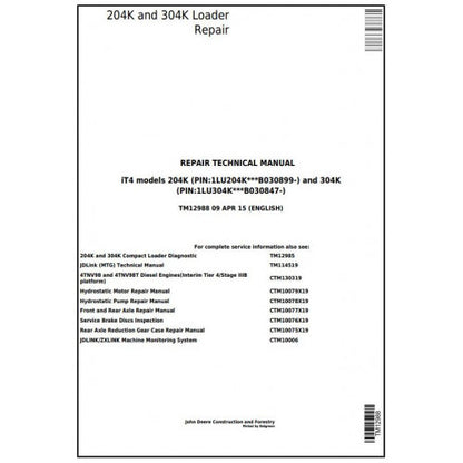 TM12988 John Deere 204K and 304K (iT4) Compact Loader Full Set of Pdf Repair Service Technical Manual