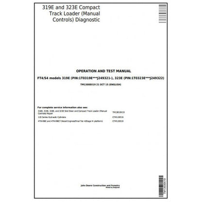TM13008X19 John Deere 319E, 323E Skid Steer & Compact Track Loader Pdf Diagnostic, Operation and Test Service Manual
