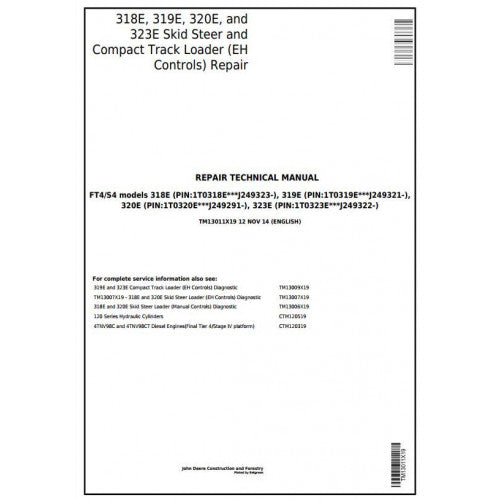 TM13011X19 John Deere 318E, 319E, 320E, 323E Skid Steer & Compact Track Loaders Pdf Repair Service Technical Manual