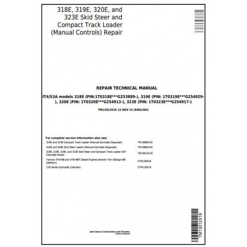 TM13012X19 John Deere 318E 319E 320E 323E Skid Steer & Compact Track Loader Pdf Repair Service Technical Manual