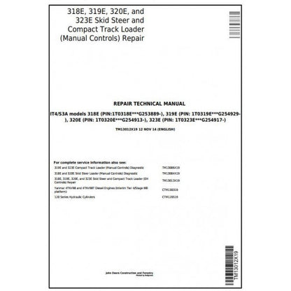 TM13012X19 John Deere 318E 319E 320E 323E Skid Steer & Compact Track Loader Pdf Repair Service Technical Manual