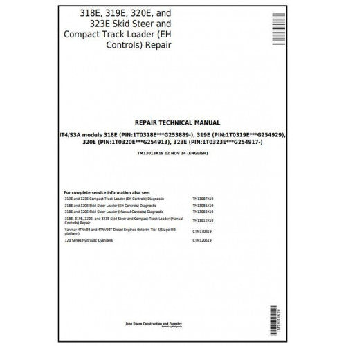 TM13013X19 John Deere 318E, 319E, 320E, 323E Skid Steer & Compact Track Loader Pdf Repair Service Technical Manual