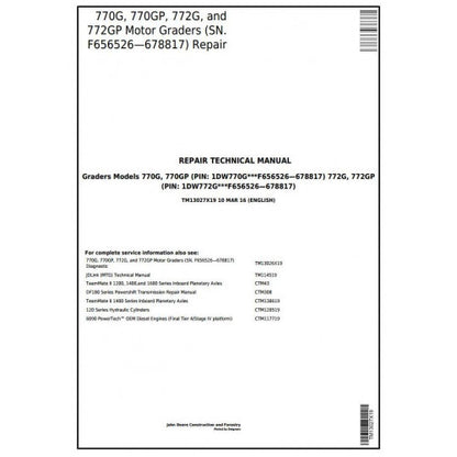 TM13027X19 John Deere 770G, 770GP, 772G, 772GP Motor Grader Pdf Repair Service Technical Manual