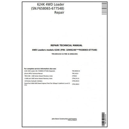 TM13051X19 John Deere 624K 4WD Loader Service Repair Technical Manual