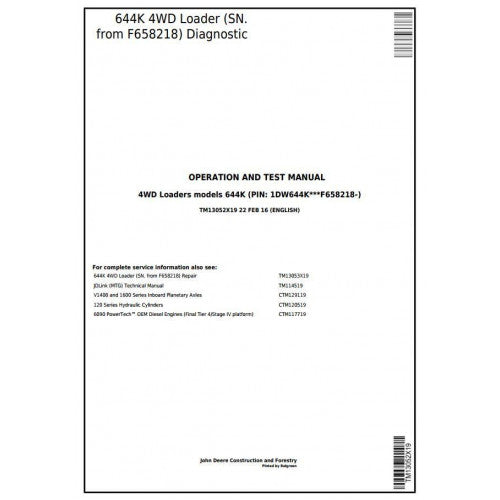 TM13052X19 John Deere 644K 4WD Loader Pdf Diagnostic, Operation and Test Service Manual
