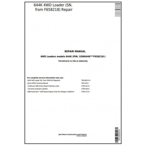 TM13053X19 John Deere 644K 4WD Loader Pdf Repair Service Technical Manual